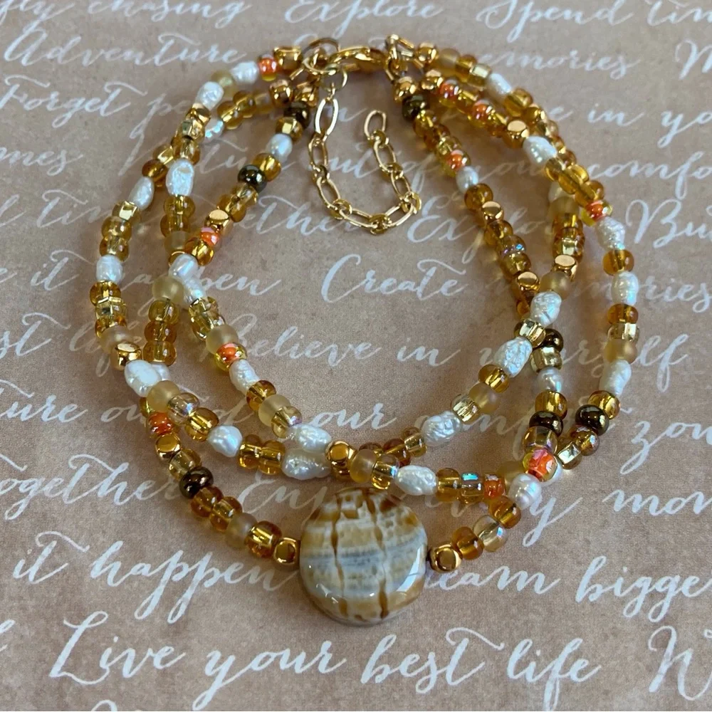 HAND CRAFTED Chocolate Crackle Agate Multi Strand Beaded Bracelet 7.5